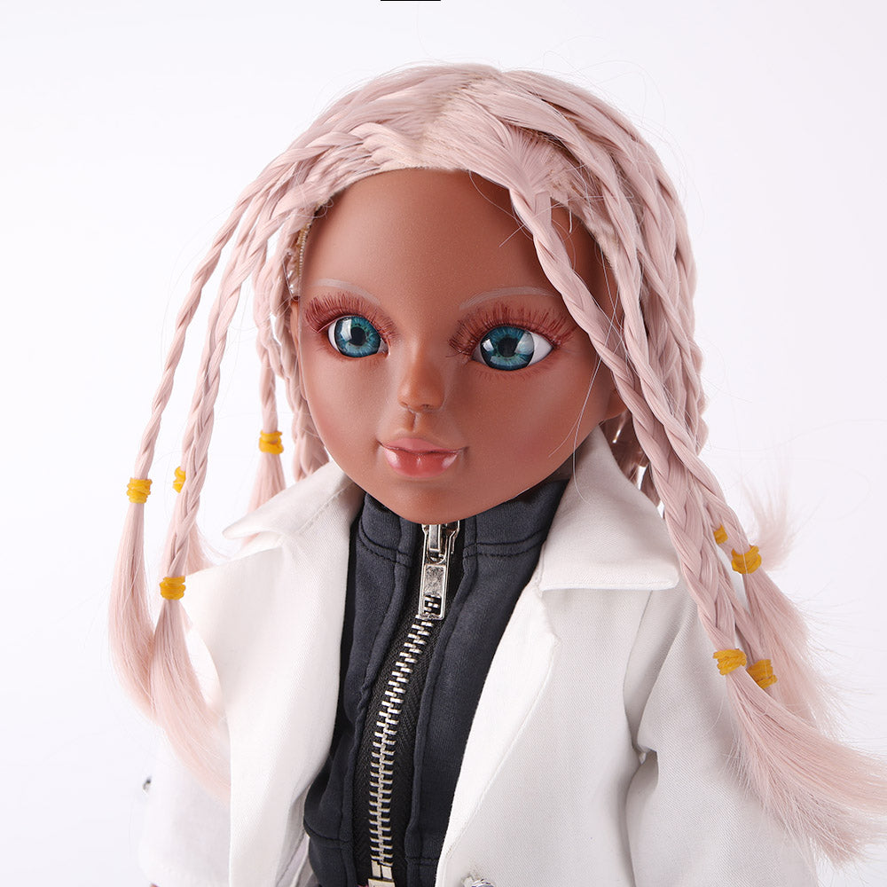 Extreme close-up of Naya doll's side face and profile, showcasing braid texture and delicate ear details.