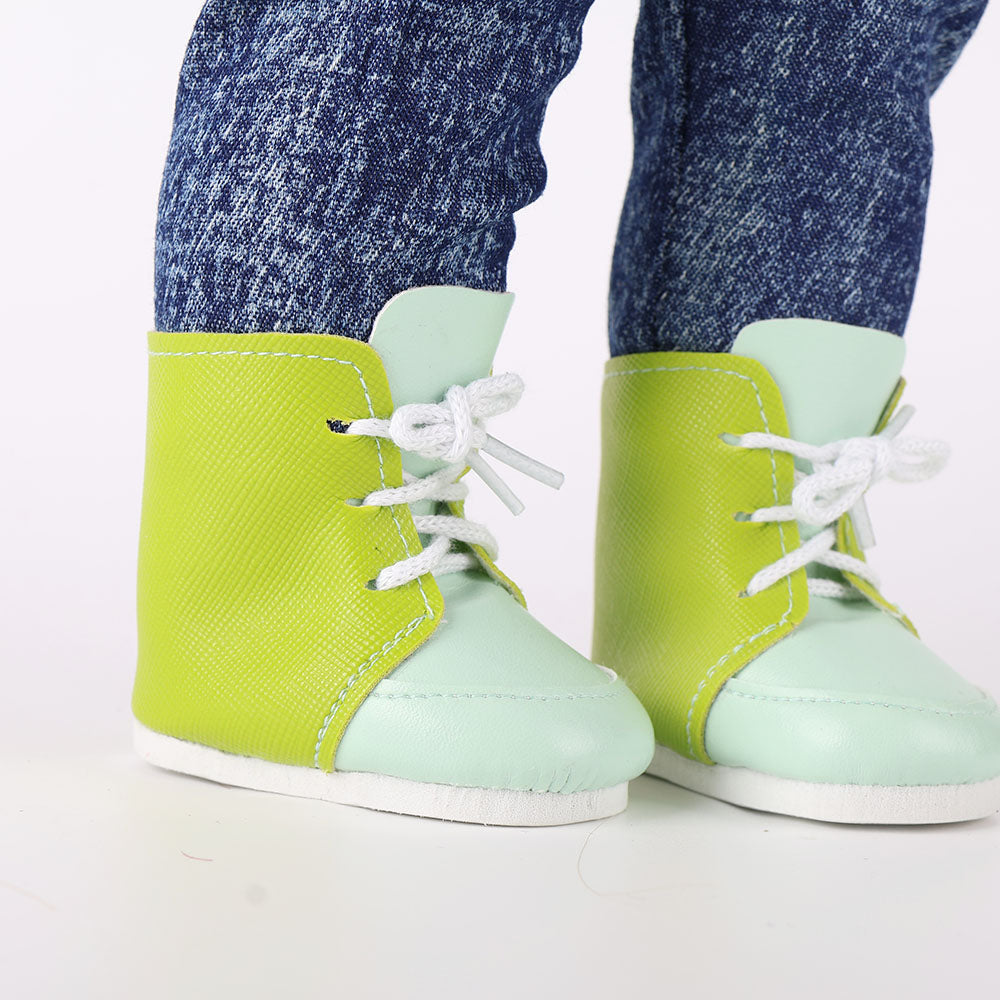 Detail close-up of Anna doll's detachable sneakers, showing ankle and sole design for versatile styling.