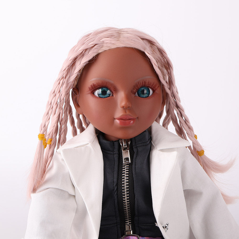 Close-up of Naya doll's head, showing detailed pink braided hair, realistic facial features, and poseable neck joint.