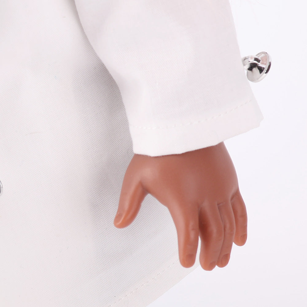 Close-up of Naya doll's articulated hand with posable fingers, capable of holding design tools like fabric or a sketch pencil.