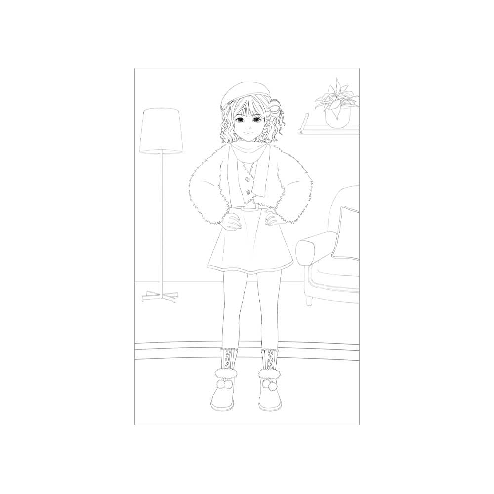 WeGirls Akiko character coloring page - full outfit sketch for DIY design