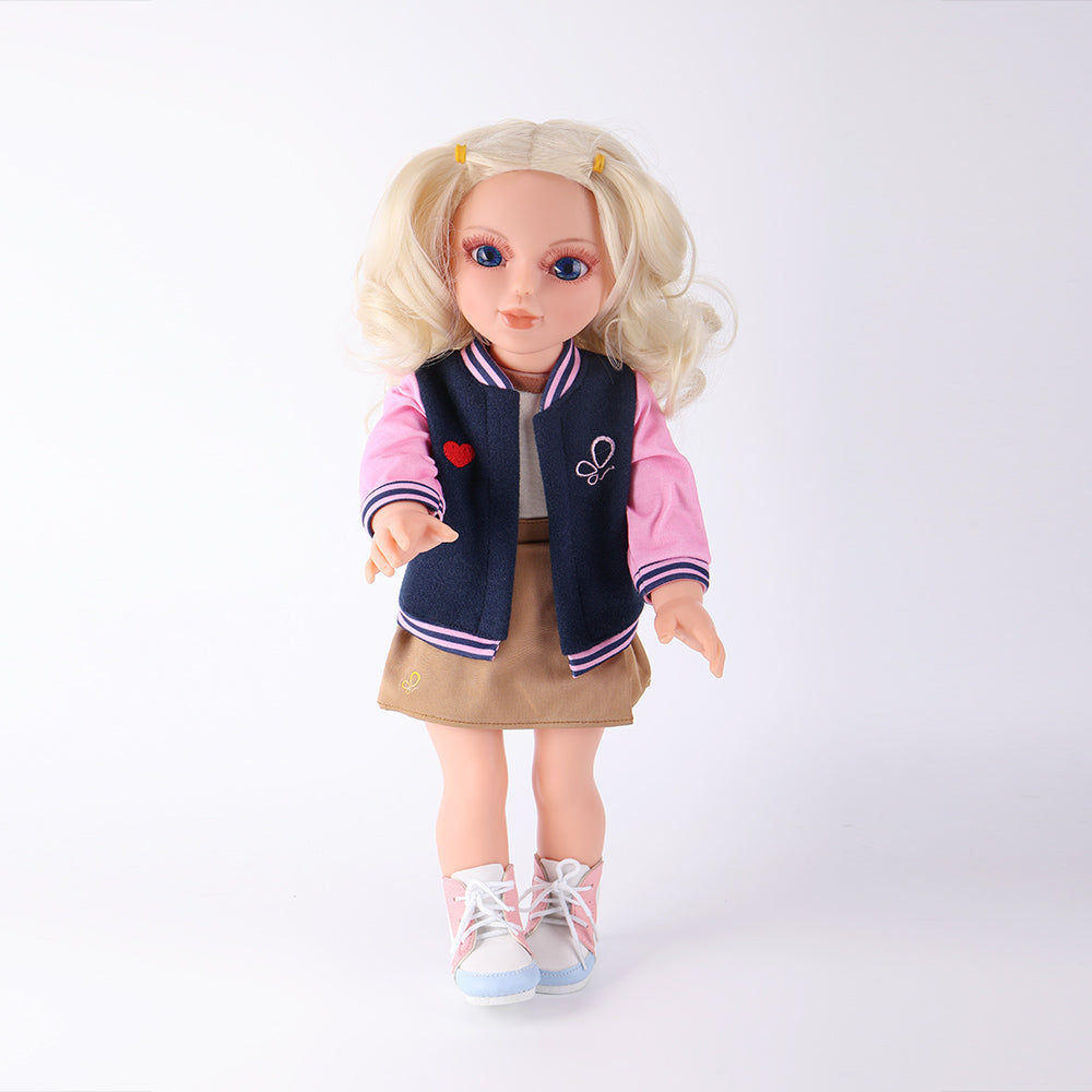 Lucy doll in friendly waving pose with movable plastic arm