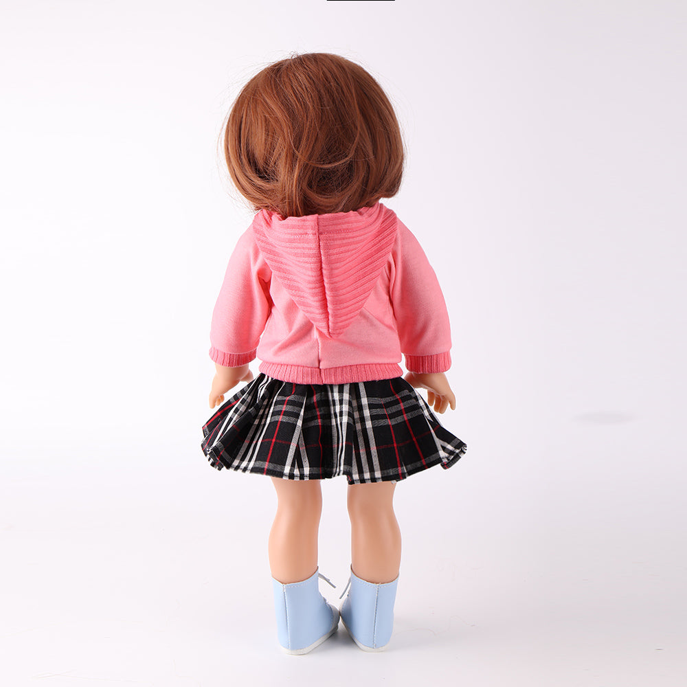 Back view showing Akiko doll's hoodie back details and short hairstyle