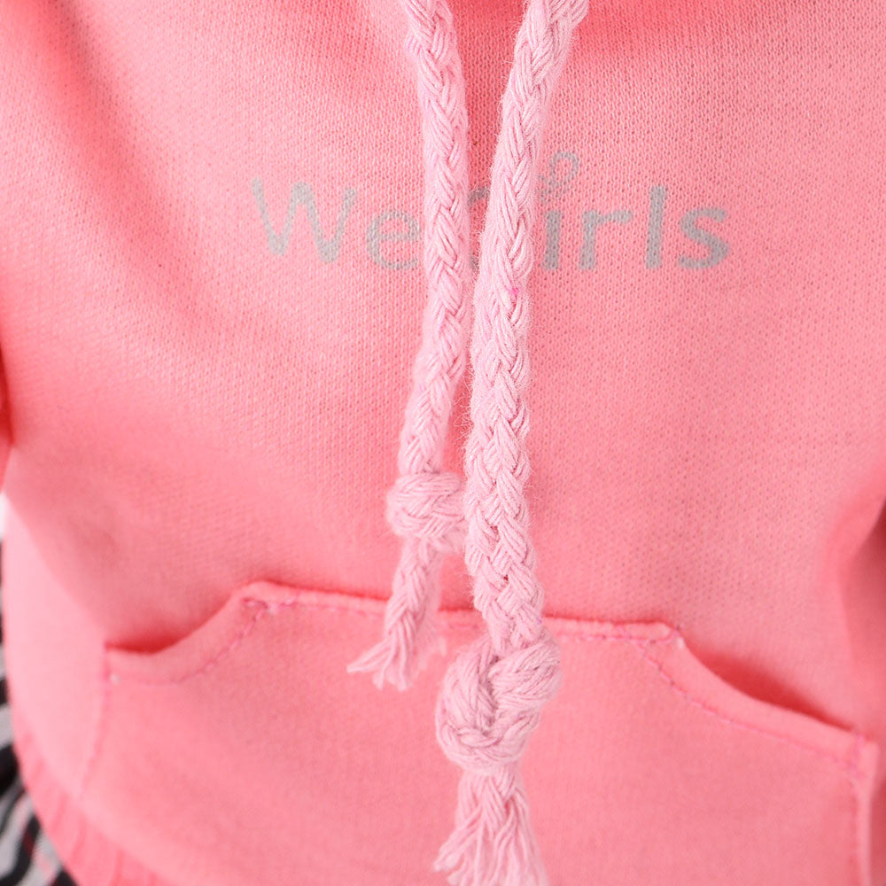 Close-up showing pink hoodie fabric texture and functional hood details