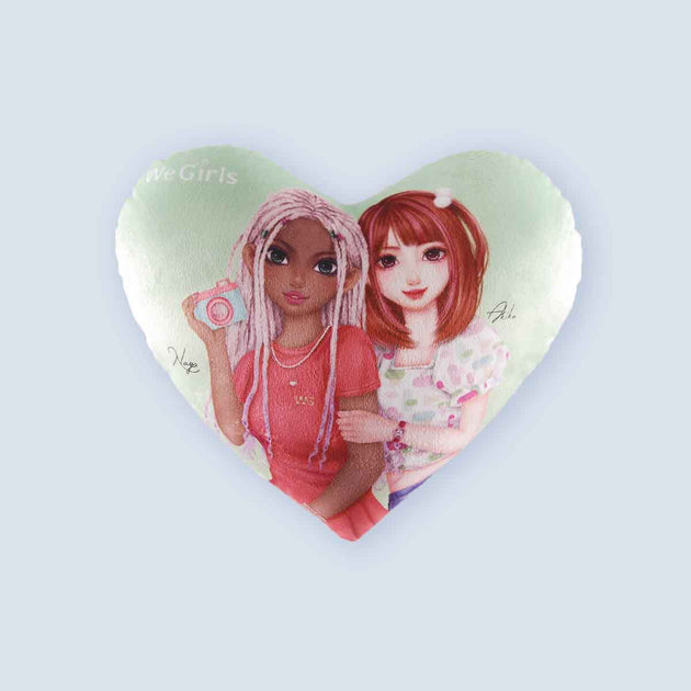 WeGirls Akiko and Naya blue heart shape pillow front view