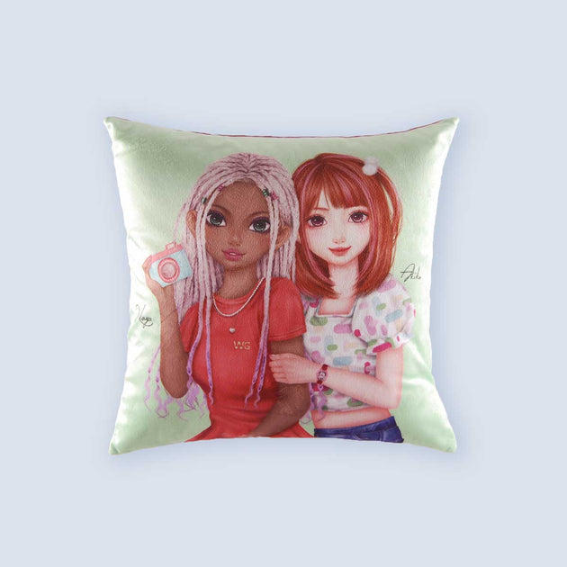 WeGirls Akiko and Naya two-girls pattern green pillow front view