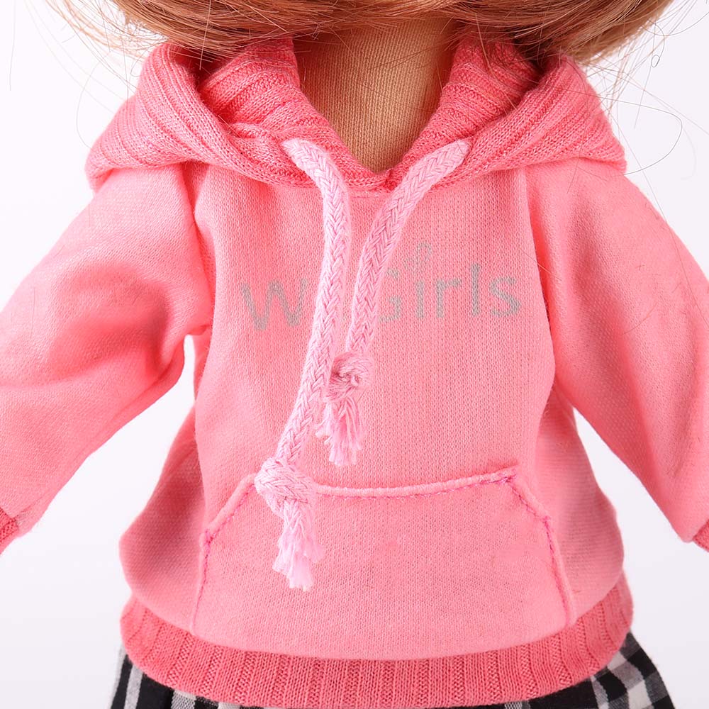 Detailed view of Akiko doll's removable pink hoodie with soft fabric texture