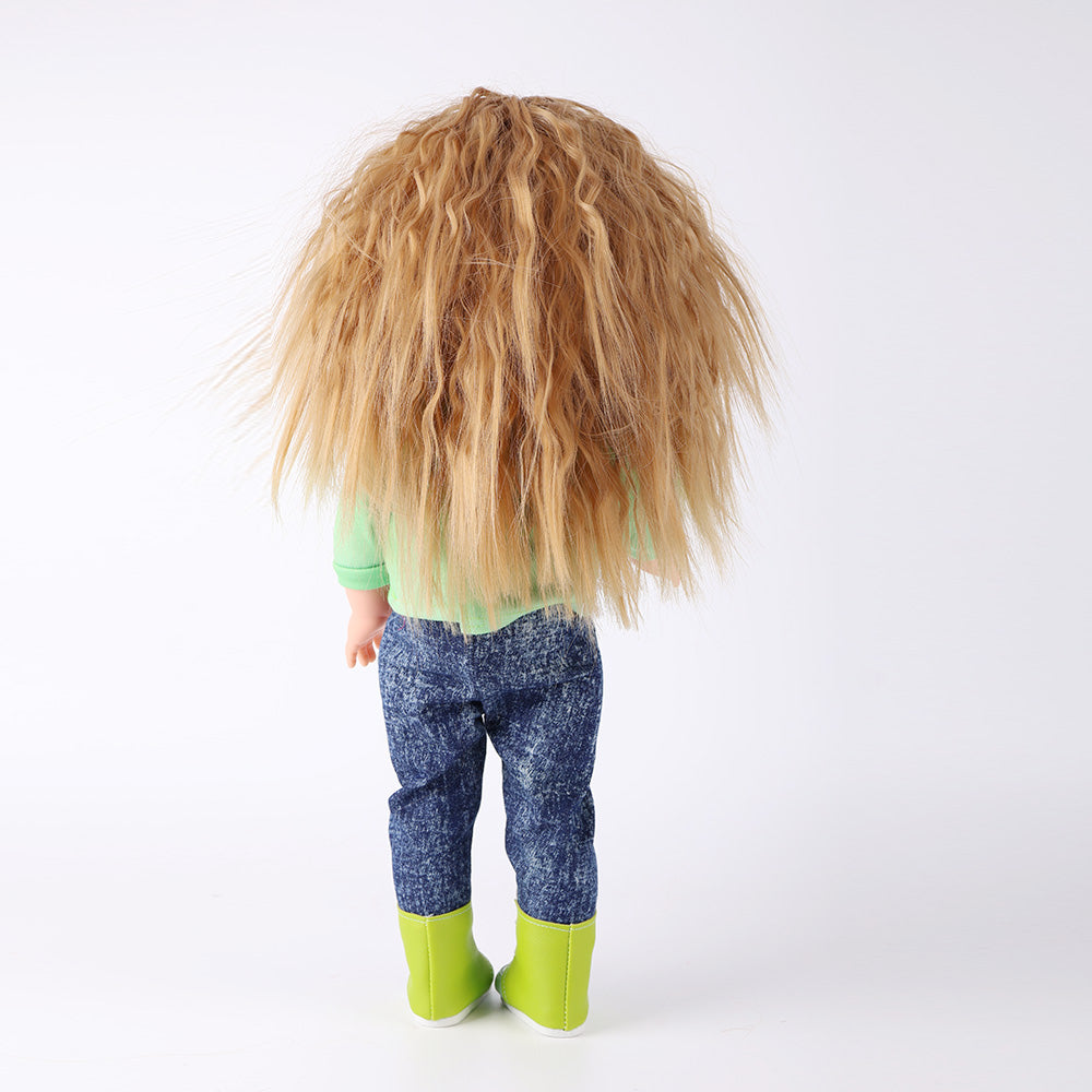 Back view of Anna doll, highlighting the detail of her curly blonde hair and the back of her casual artist outfit.