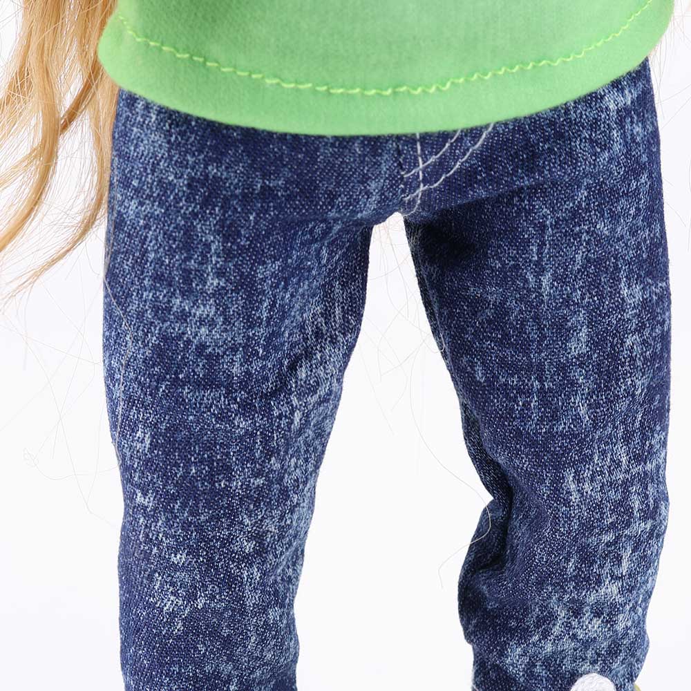 Texture and stitching detail of Anna doll's removable blue jeans