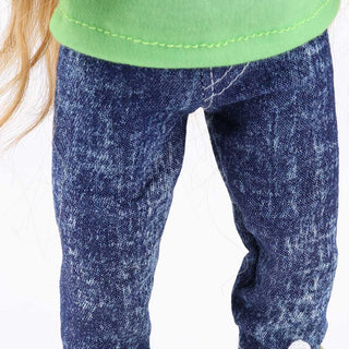 Texture and stitching detail of Anna doll's removable blue jeans