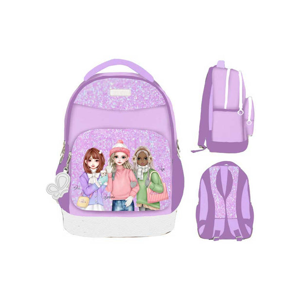WeGirls purple backpack with three girls, front, side, and back view