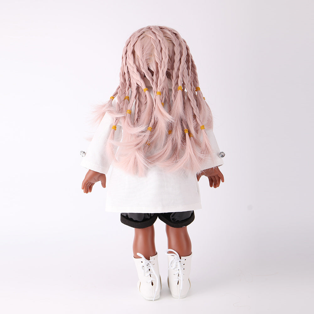 Back view of the collector's edition Naya doll, highlighting the intricate pink braids and the fully washable tag on her outfit.