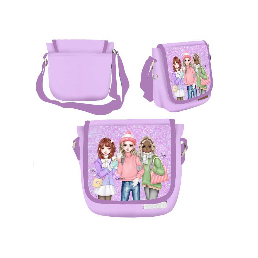 WeGirls purple crossbody bag with three characters and adjustable strap – front, side, and back view
