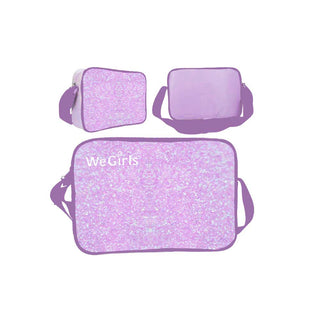 WeGirls purple glitter crossbody bag – front, side, and back view