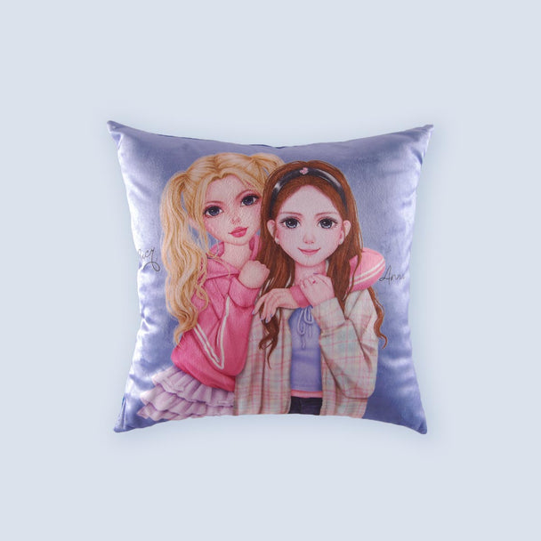 WeGirls Lucy and Anna two-girls pattern blue throw pillow front view