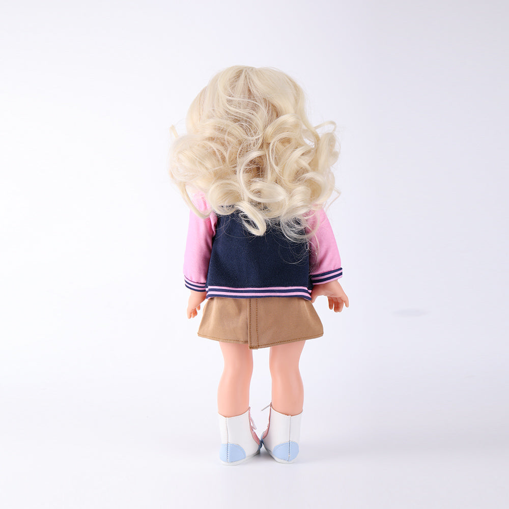 Back view showing Lucy doll's curly hair styling and outfit details