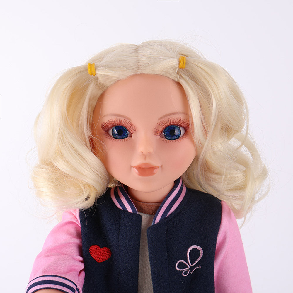 Front portrait of Lucy doll showcasing realistic facial features and handmade eyelashes