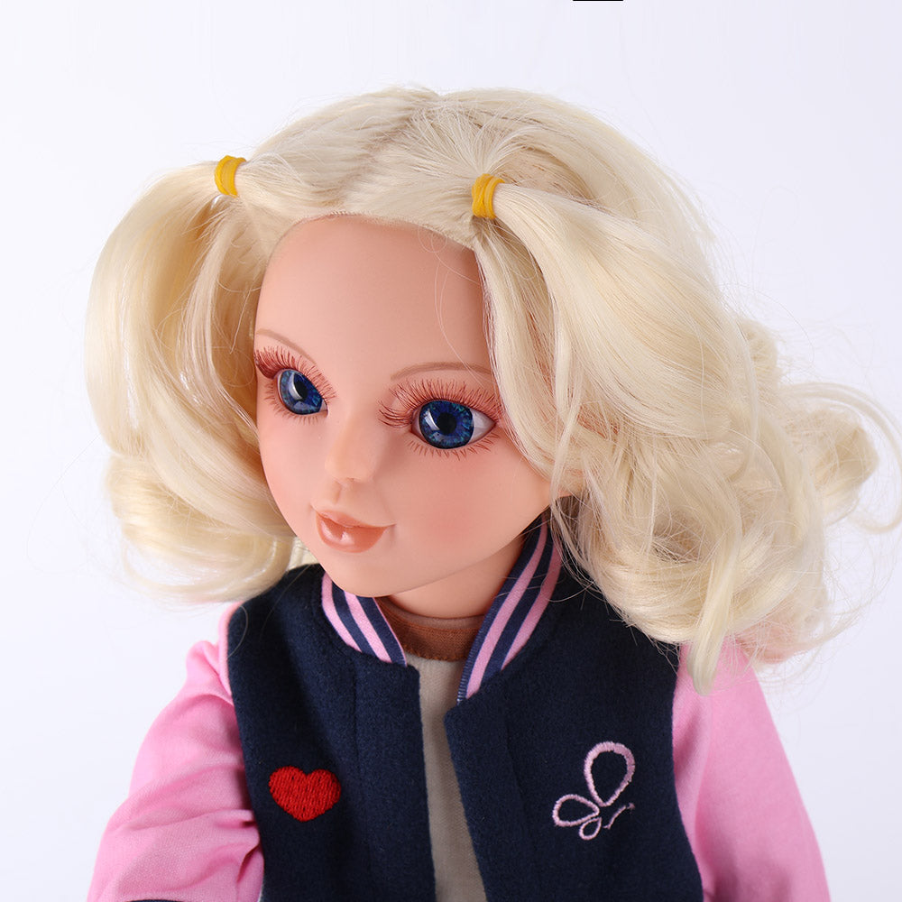 Side face close-up highlighting Lucy doll's glass-like eyes and facial contours