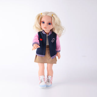 Front view of 18-inch WeGirls Lucy collector doll wearing baseball jacket and pleated skirt