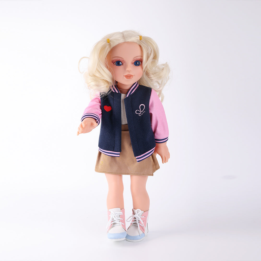 Side profile of Lucy doll showing body proportions and outfit silhouette