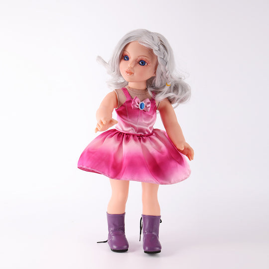 Side profile of Natasha doll showcasing the silhouette of her satin puff dress