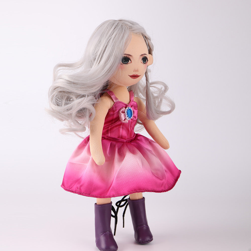 Side view of Natasha doll showing the silhouette of her purple princess dress