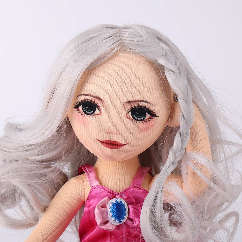 Close-up detail of Natasha doll's beautiful silver curly hair texture