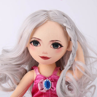 Close-up detail of Natasha doll's beautiful silver curly hair texture
