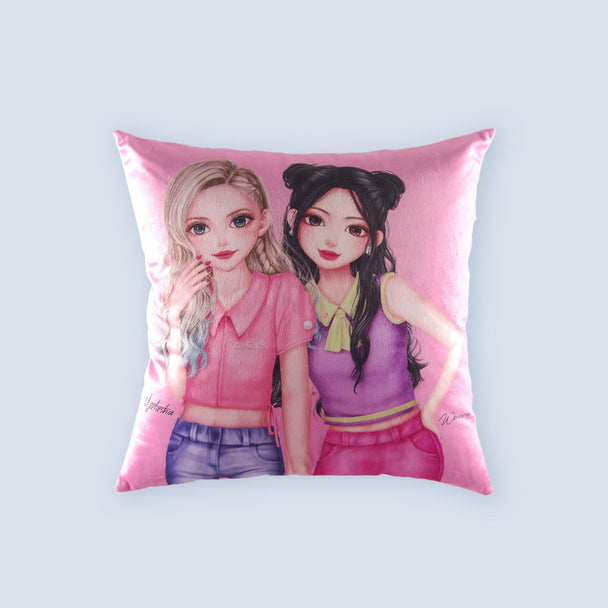 WeGirls Natasha and Wanru two-girls pattern pink pillow front view