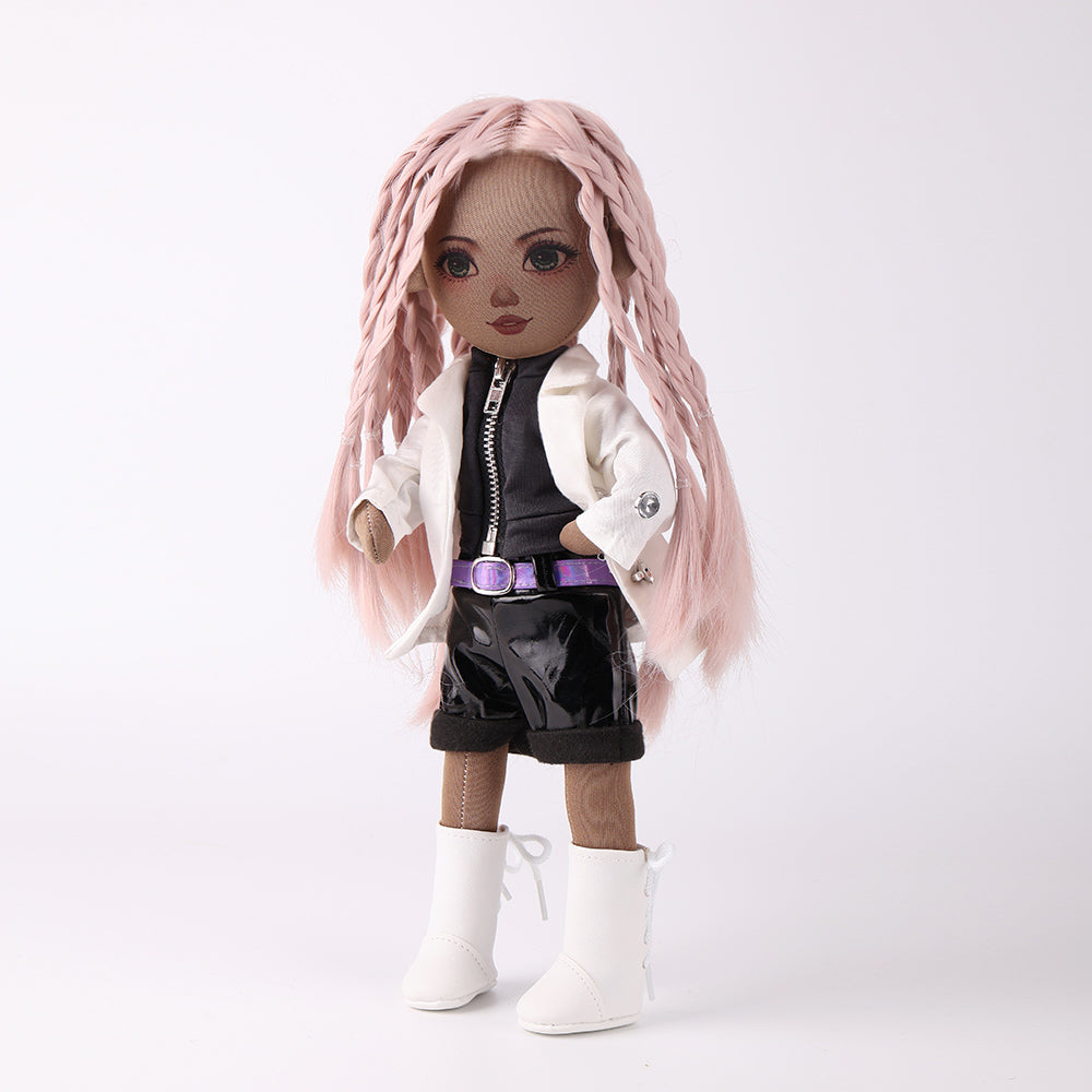 Side view of Naya doll displaying complete white jacket and black shorts outfit