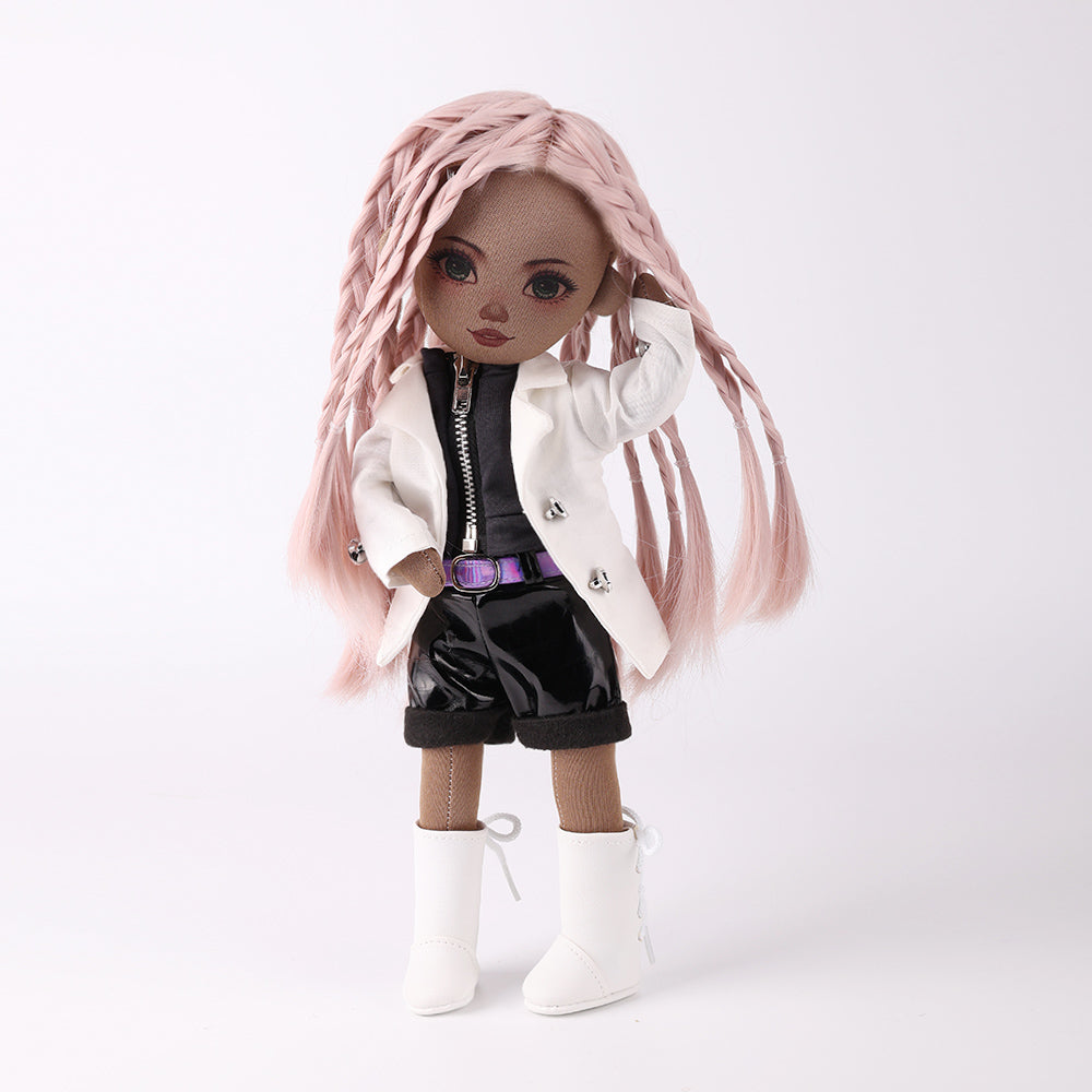 Naya doll touching her pink braided hair in adorable playful pose