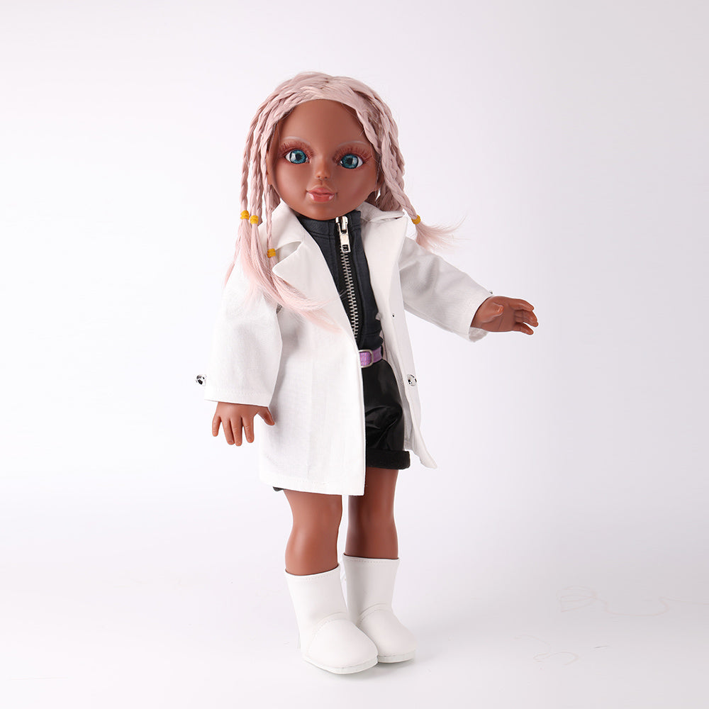 Front view of the WeGirls Fashion Designer Naya 18-inch doll with pink braids, wearing a white jacket and black faux-leather pants.