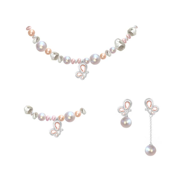 WeGirls pearl butterfly jewelry set - classic necklace, bracelet & earrings with crystal accents