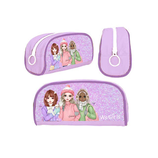 WeGirls purple pencil case with three characters and ring zipper – front, side, and angled views