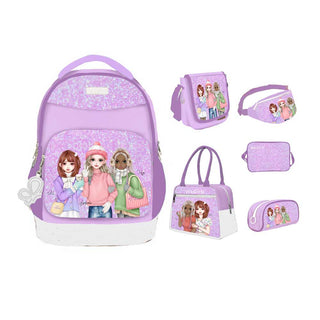 WeGirls purple three characters pattern kids bags set including backpack, shoulder bag, crossbody bag, tote bag, waist bag, and pencil case