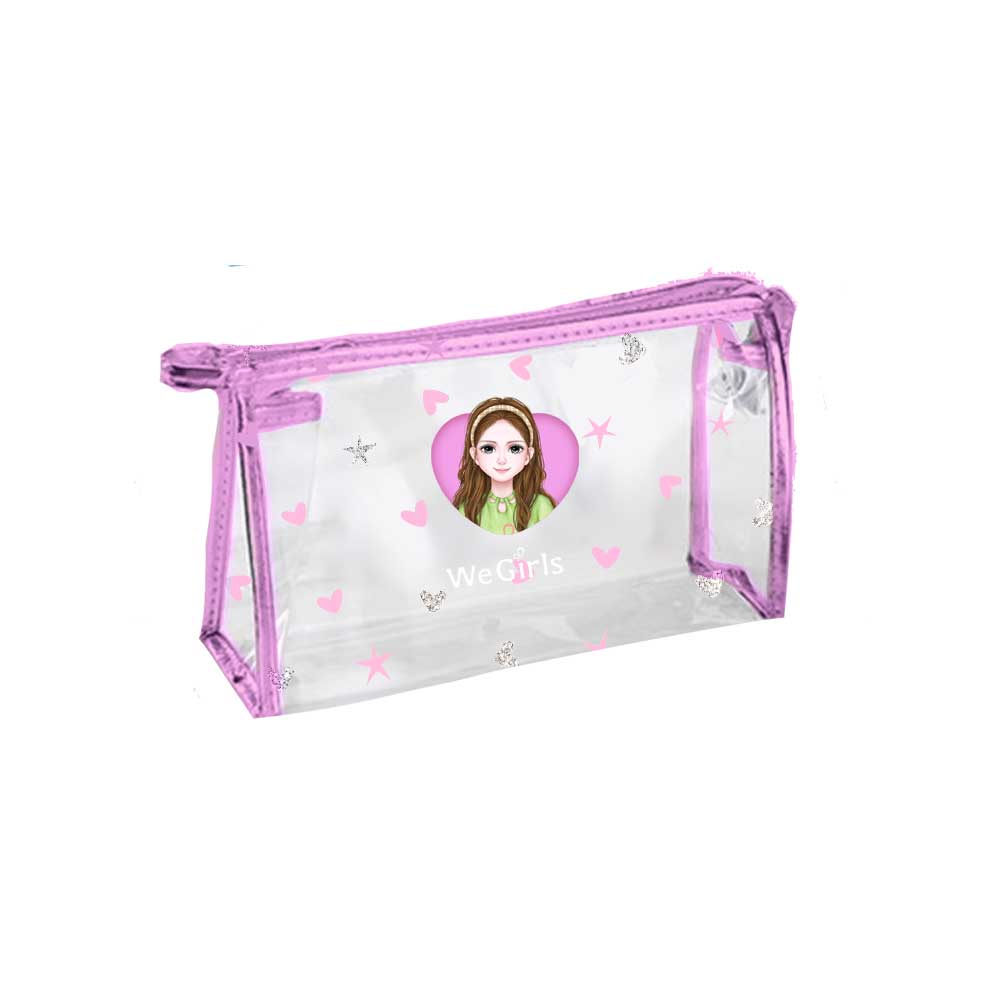 WeGirls lightweight PVC pouch with Anna character print - spacious clear organizer with vibrant purple edging, front view for school/cosmetics