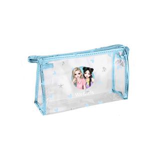 WeGirls lightweight PVC pouch with duo character print - spacious clear organizer bag with vibrant blue trim, front view