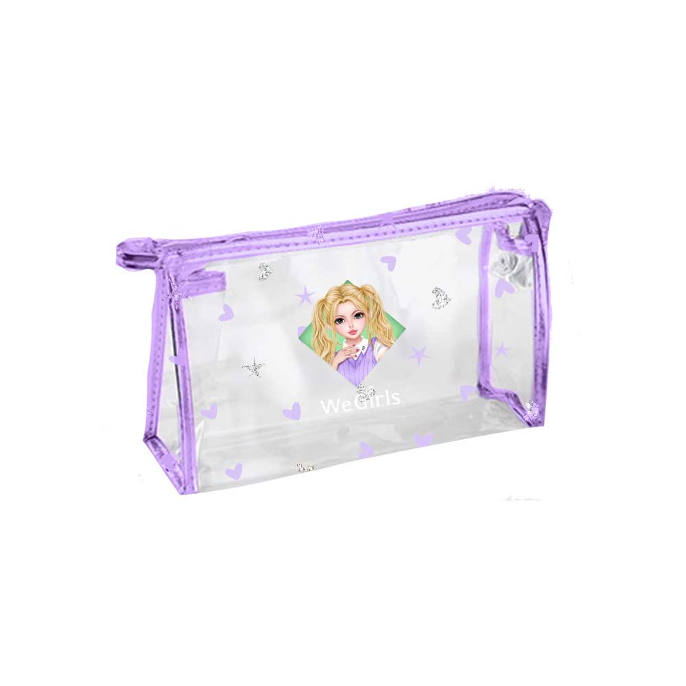 WeGirls lightweight PVC pouch with Lucy character print - spacious clear cosmetic organizer with vibrant purple trim, front view