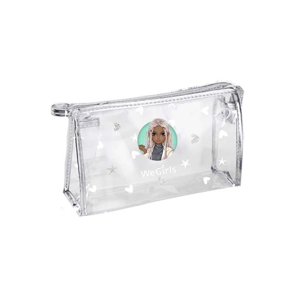 WeGirls lightweight PVC pouch with Naya character design - spacious clear organizer with metallic silver trim, front view