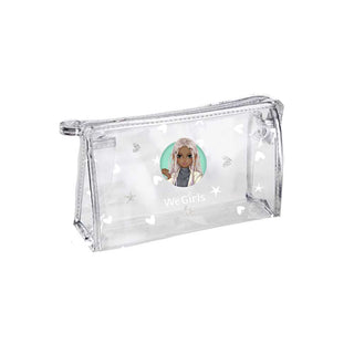 WeGirls lightweight PVC pouch with Naya character design - spacious clear organizer with metallic silver trim, front view
