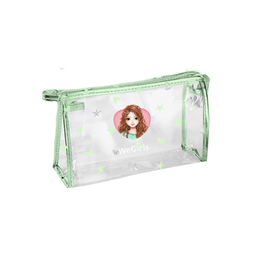 WeGirls lightweight PVC pouch with yufei character design - spacious clear organizer bag with vibrant green trim, front view