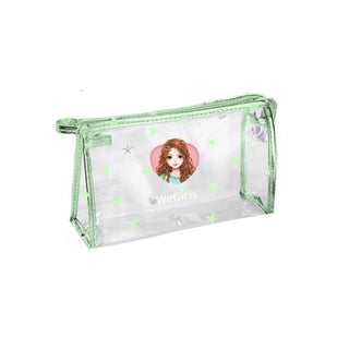 WeGirls lightweight PVC pouch with yufei character design - spacious clear organizer bag with vibrant green trim, front view
