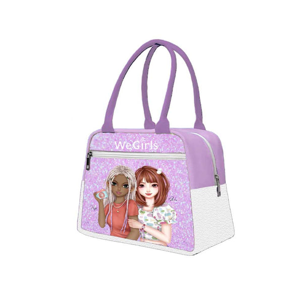 WeGirls purple tote bag with three girls, side view