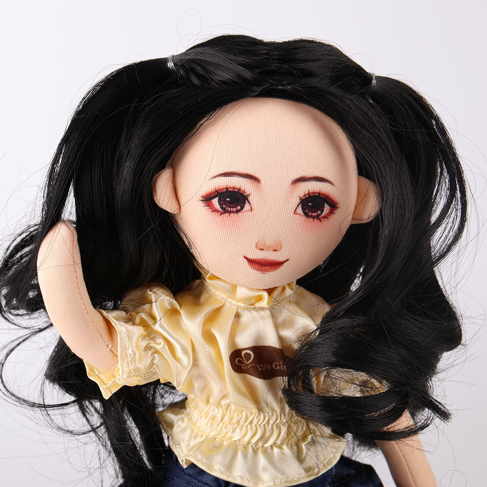 Close-up detail of Wanru doll's beautiful black curly hair texture and facial features