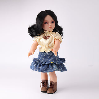 Side profile of Wanru doll showcasing her poseable body construction with cotton torso and flexible joints.
