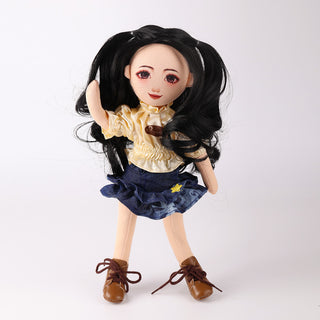 WeGirls Wanru doll in playful pose wearing yellow puff sleeve tee and denim tiered skirt