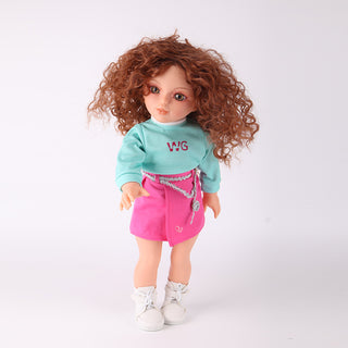 Side profile showing the fashionable silhouette of Yufei doll's tee and skirt outfit