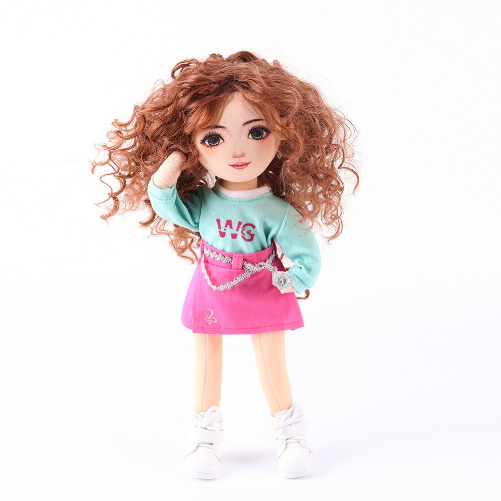 Yufei doll gently touching her brown wavy hair in natural casual pose