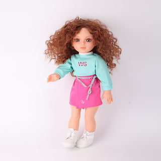 Back view showing Yufei doll's wavy brown hairstyle and outfit back details